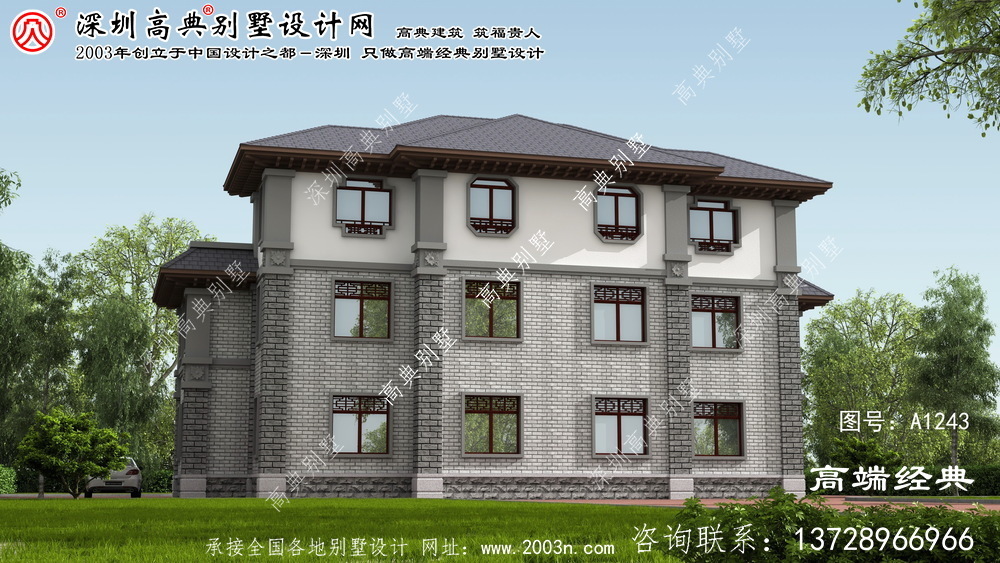 桂阳县中式双拼三层别墅外观图	