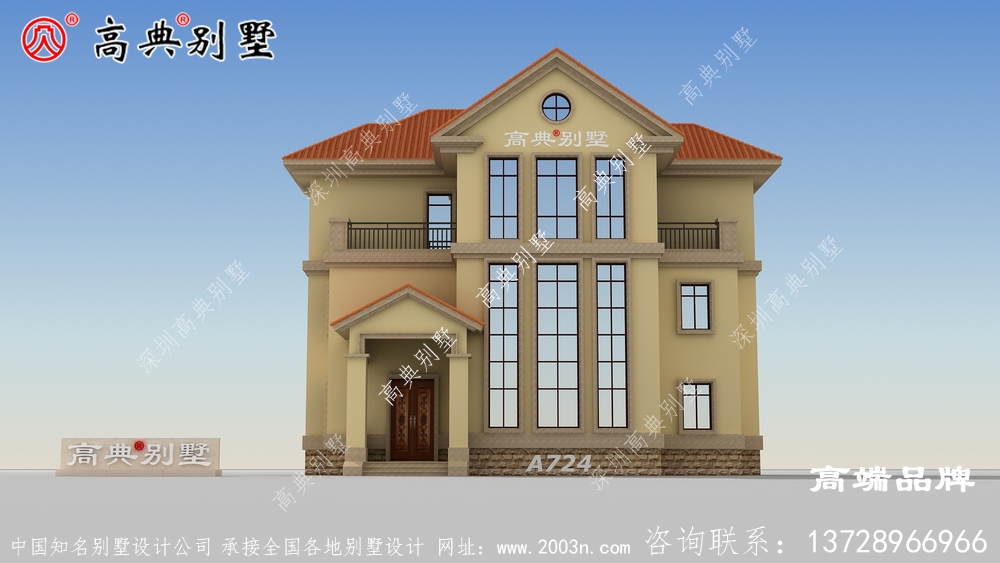 三层复式别墅外观图，造型错落有致