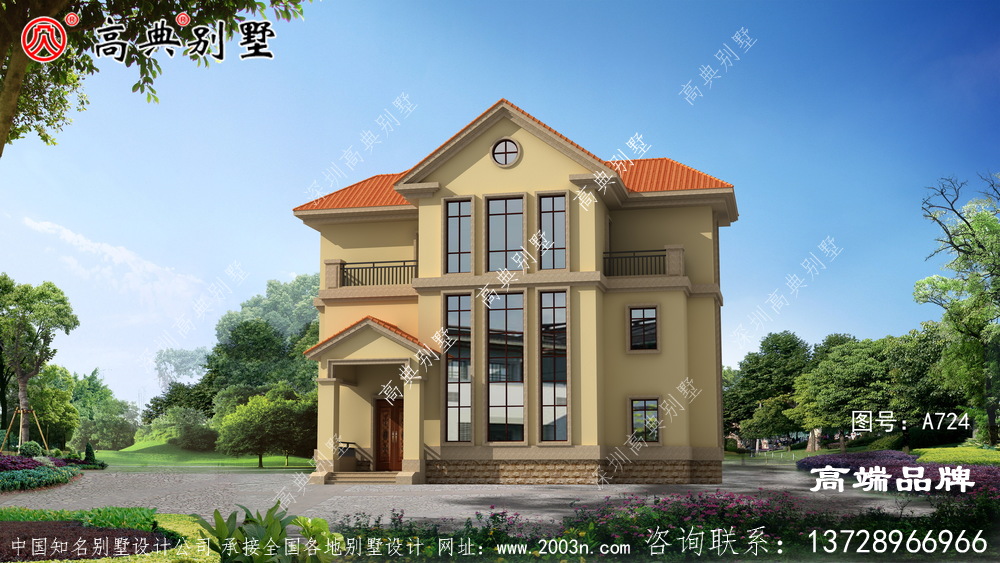 三层复式别墅外观图，造型错落有致