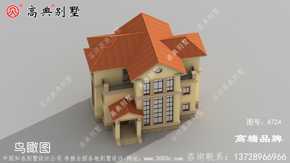 三层复式别墅外观图，造型错落有致